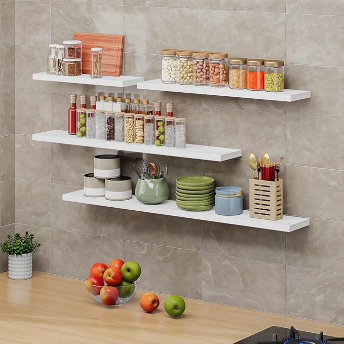 SAUMONIERES Floating Shelves 8 Inch Deep Solid Wood Wide Wall Shelf Set of 1 Wall Mounted for Bedroom Bathroom Living Room Kitchen, 55 Inch White