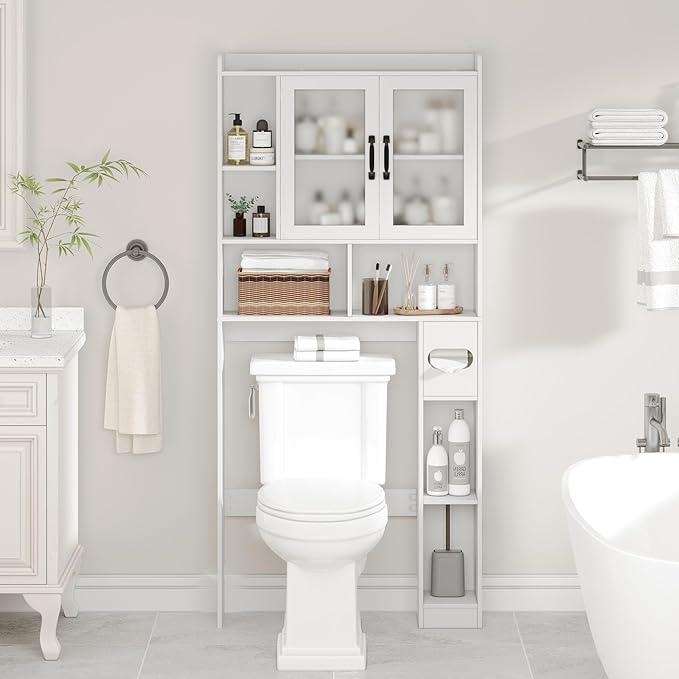 Vabches Over The Toilet Storage Cabinet, Farmhouse Storage Cabinet Over Toilet with Acrylic Doors,Home Space-Saving Toilet Rack, for Bathroom, Restroom, Laundry, White
