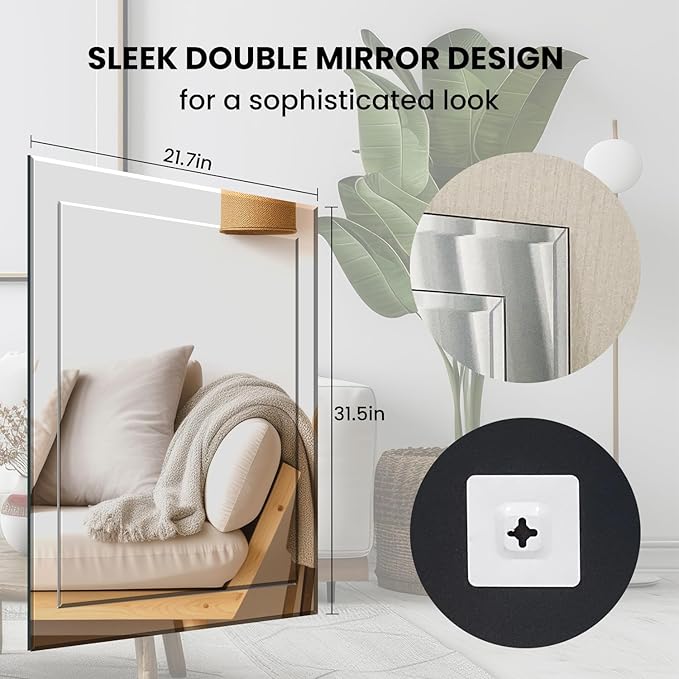 VASUHOME 22x32 Inch Frameless Double Layered Mirror with Polished Beveled Edge, HD Walll Vanity Mirror - Ideal for Bathroom, Living Room, Washroom, and Bedroom