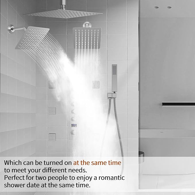 Brushed Nickel Shower System with 12+8+8" Three Top Shower Heads, Full Body Shower System with Temperature Display,Handheld Sprayer and Body Jets Shower Set