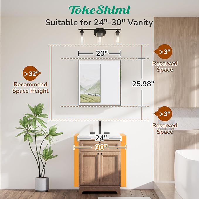 TokeShimi 20 x 26 Recessed Medicine Cabinet with Mirror, Brushed Nickel Bathroom Medicine Cabinet with Mirror Wall Mounted, Stepless Adjustable Shelves