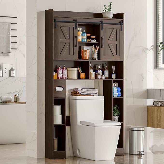 Farmhouse Storage Cabinet Over Toilet with Sliding Doors,Over The Toilet Storage Cabinet, Home Space-Saving Toilet Rack, for Bathroom, Restroom, Laundry.Espresso