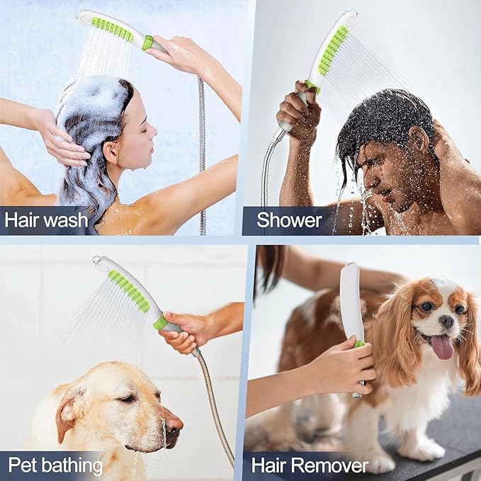 Dog Shower Attachment, Rubber Dog Grooming Bath Brush for Long & Short Haired Dogs and Cats, Pet Hair Scrubber For Washing, Deshedding, Massage, Stainless Steel Shower Hose