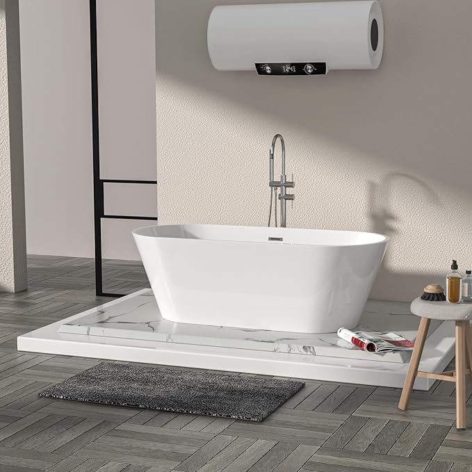 Logmey 63" White Acrylic Freestanding Bathtub Oval Shape Soaking Tub with Chrome Drain & Overflow Assembly for Classic and Modern Bathrooms