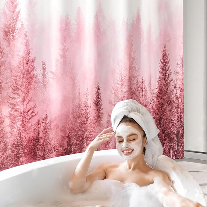 ORTIGIA Pink Shower Curtain with Misty Forest Patten for Bathroom, Nature Woodland Shower Curtain Set with Hooks, Weighted Waterproof Pine Tree Fog Magic Bath Curtain, 72x72