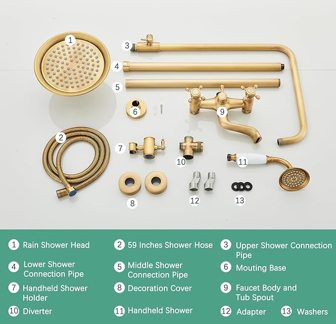 Antique Brass Shower System Bathroom Shower Faucet Set with 8 Inch Shower Head Handheld Spray and 360 ° Rotation Tub Spout 2 Cross Handles Outdoor Shower Fixtures