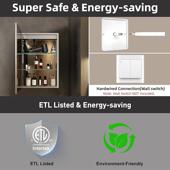 Medicine Cabinet with LED Lights and Mirror, 16 x 24 Inch Surface or Recessed Mounted Bathroom Cabinet with Door, Defogger, Memory Function, 3-Color Mode, Outlet&USB, Dimmer, Storage Shelf