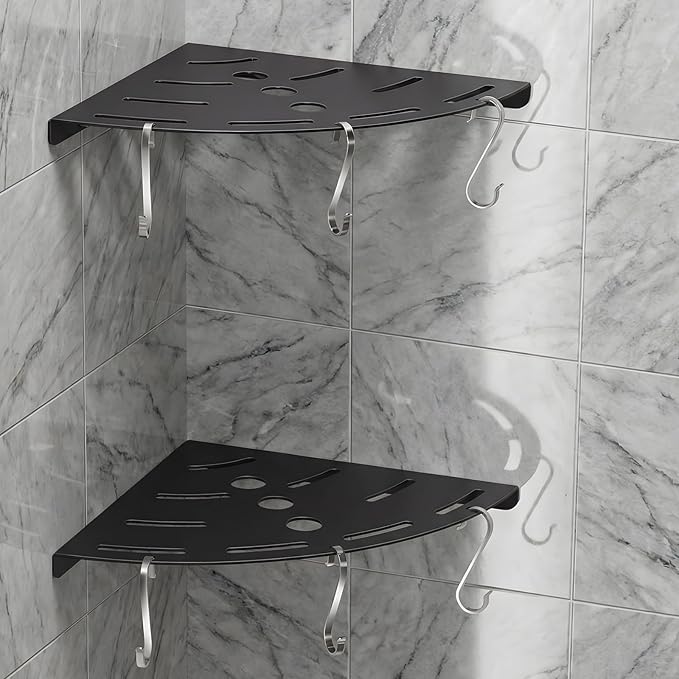XIHLZYEH Corner Shower Shelves, 2 Pack 304 Stainless Steel Shower Shelf with 6 Hooks 40 lbs Heavy Duty, Rustproof Wall Mounted Organizer for Bathroom Drilling Installation(Black)