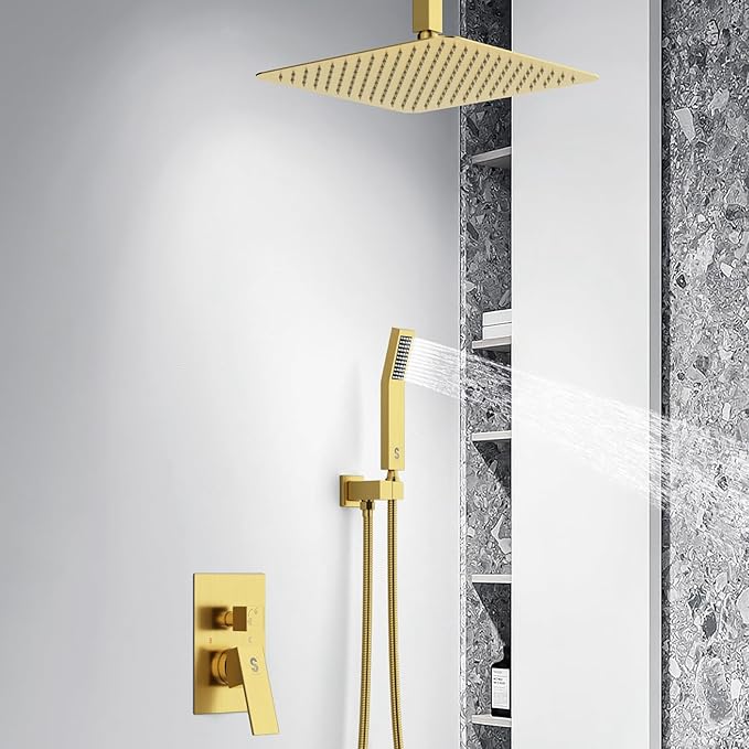 SR SUN RISE 12 Inch Ceiling Mounted Shower System Rain Mixer Shower Combo Set Rainfall Shower Head System Brushed Gold Shower Faucet Trim Repair Kits with Shower Rough-in Valve Body and Trim