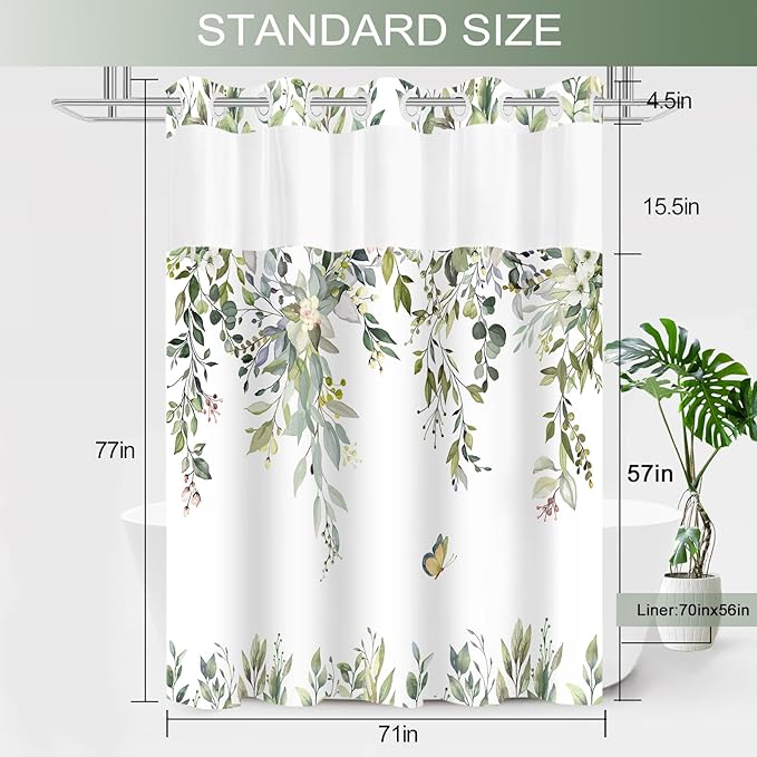 No Hook Shower Curtain and Liner Set, Sage Green Eucalyptus Floral Shower Curtains for Bathroom, Bath Curtain Sets with Snap in Liner, Waterproof with See Through Top Window, 71x77 Inches
