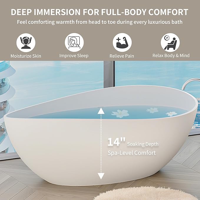 Abruzzo 63" Matte White Freestanding Solid Surface Bathtub - Stone Resin Soaking Tub, cUPC Certified
