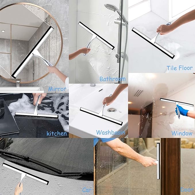 Shower Squeegee for Glass Doors, 12 Inches Bathroom Squeegee with Spare Silicone Blade, Shower Door Hook and Adhesive Hook, Stainless Steel Bathroom Squeegee for Mirror Window (12in-Silver-1 Pack)