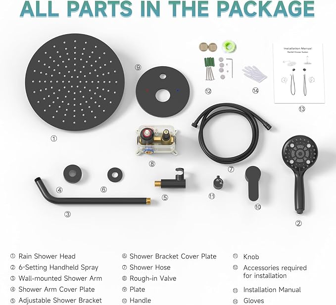 SR SUN RISE Shower Faucet - 16 Inch Multifunctional High Pressure Shower Head System with Handheld Shower Head Fixtures - Valve Included - Matte Black