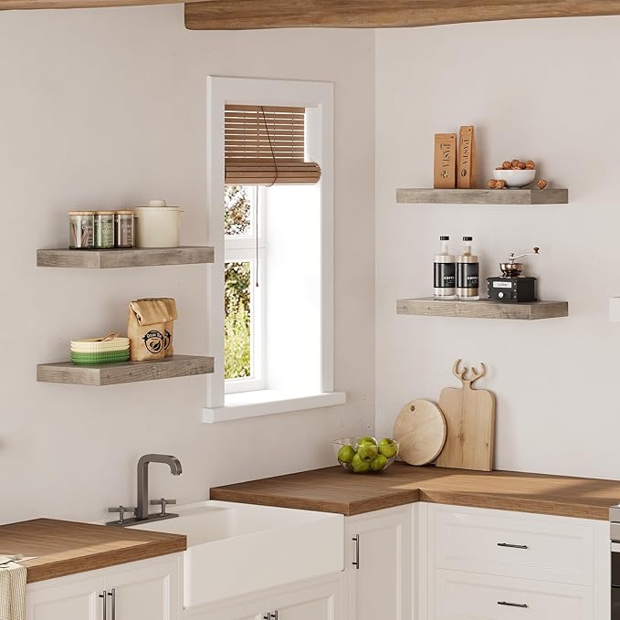 Floating Shelves for Wall, 1.5" Thick Wall Shelf Set of 4 with Invisible Brackets, 15.7L x 7.9W Hanging Shelves Farmhouse Home Decor for Bathroom, Living Room, Bedroom, Greige 4301BJP4BG