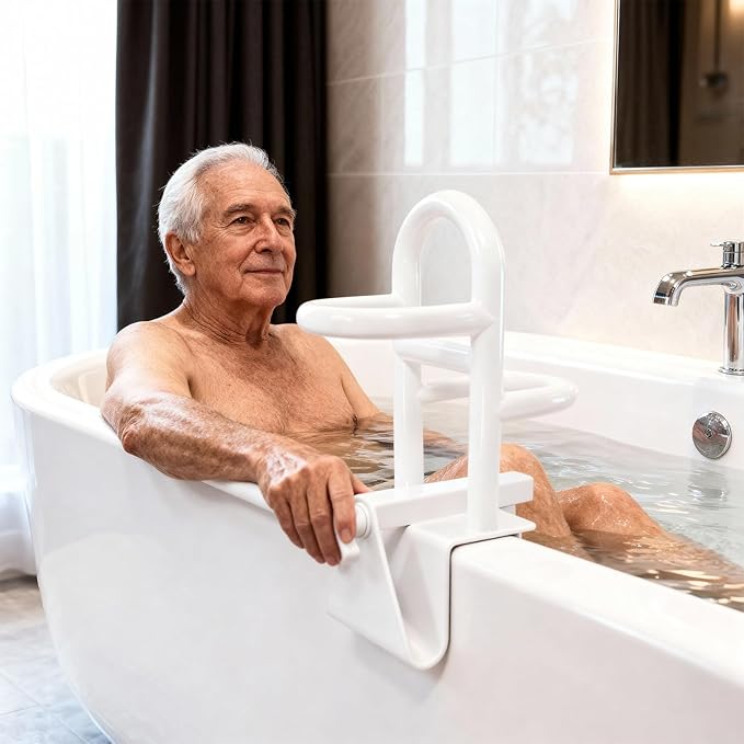 Adjustable Triple Grip Bathtub Grab Bars for Seniors, Clamp-On Safety Handrail for Handicap & Elderly, Fits 3-7Inch+ Thick Walls, Bathroom Balance Support for Family Safety