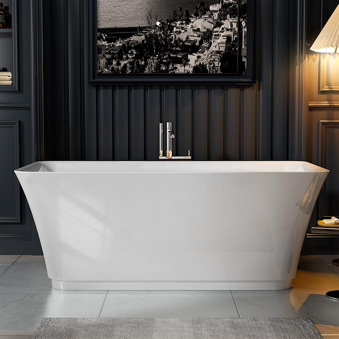 Empava 59" Freestanding Bathtub, Acrylic Deep Soaking Tub, Modern Stand Alone Tub with Anti-Slip Surface, Adjustable Feet & Drain Overflow Included, White, cUPC Certified