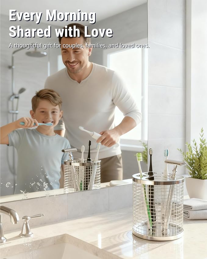 Toothbrush Holder Stand for Bathroom, 304 Stainless Steel Ventilated Organizer for Countertop with Slots for Manual Toothbrushes & Toothpaste, Family Size Tooth Brush Holder