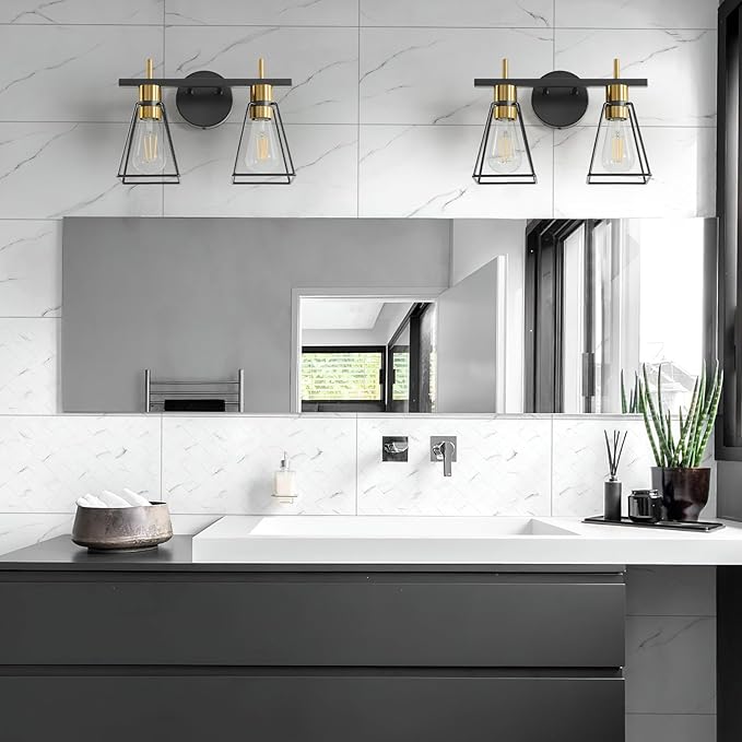 Industrial Bathroom Vanity Lights: 2 Lights Black and Gold Vintage Metal Cage Wall Sconces - Rustic Farmhouse Lightning Fixture Over Mirrors Cabinet for Home Hallway