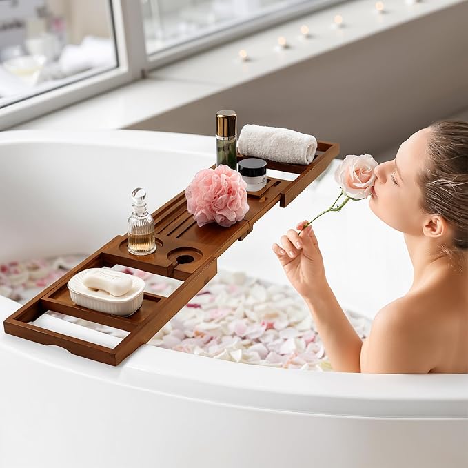 Teak Bathtub Tray Expandable Bathroom Tray for Home Spa Relaxation, Wooden Tray Caddy for Bathtub, Teak Bathtub Caddy as Unique Housewarming, Birthday, Wedding Shower Gifts (Natural Teak)
