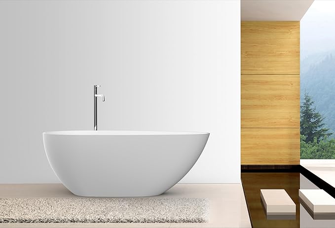 GarveeLife Freestanding Solid Surface Bathtub 67 Inch – Matte White Deep Soaking Tub, Contemporary Stone Stand Alone Bathtub with Smooth Ergonomic Design for Luxury Bathroom