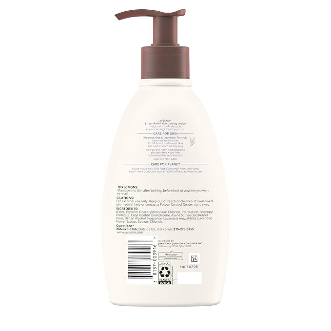 Aveeno Stress Relief Moisturizing Body Lotion with Lavender Scent, Natural Oatmeal to Calm & Relax, Non-Greasy Daily Stress Relief Lotion, 12 fl. oz