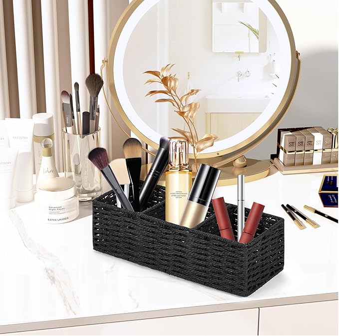DULLEMELO Toilet Paper Basket for Organizing, Paper Rope Bathroom Baskets, Decorative Storage Bins for Countertop Bathroom Shelves, Set of 2,Black