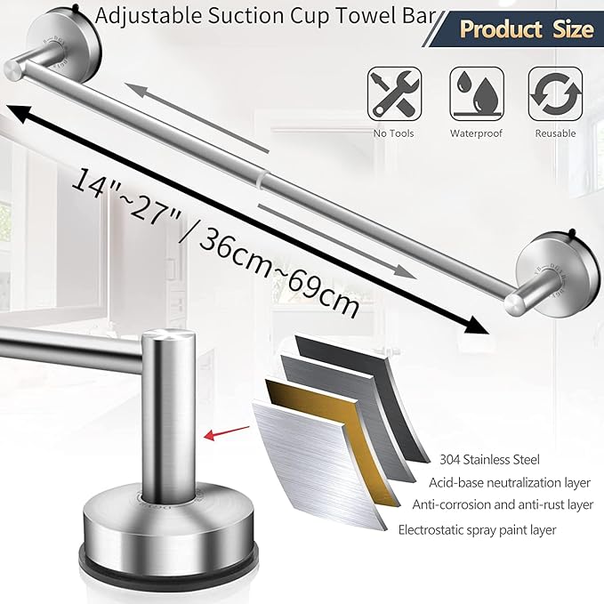 DGYB Adjustable Suction Cup Towel Bar for Bathroom 14 Inch ~ 27 Inch Set of 2 Brushed Nickel Towel Rack Stainless Steel Bath Towel Holder for Glass Shower Door