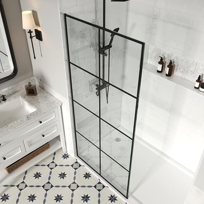 36" W x 76" H Frameless Shower Screen, Fixed Glass Panel for Walk-In Shower, 3/8" Tempered Glass, Grid Pattern Design