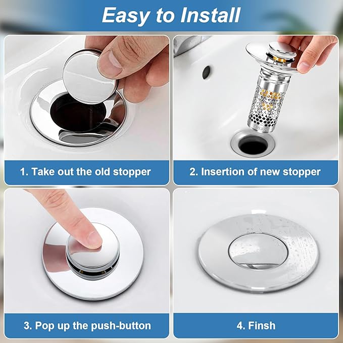 Bathroom Sink Stopper, Pop-up Bathroom Sink Drain Strainer Stopper with Removable Stainless Steel Strainer Filter Basket Hair Catcher, Sink Drain Stopper for Bathroom Sink Stopper Replacement (2PCS)