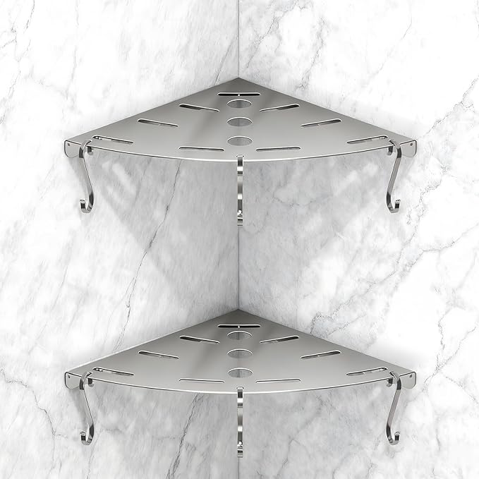 XIHLZYEH Corner Shower Shelves, 2 Pack 304 Stainless Steel Shower Shelf with 6 Hooks 40 lbs Heavy Duty, Rustproof Wall Mounted Organizer for Bathroom Drilling Installation (Silver)