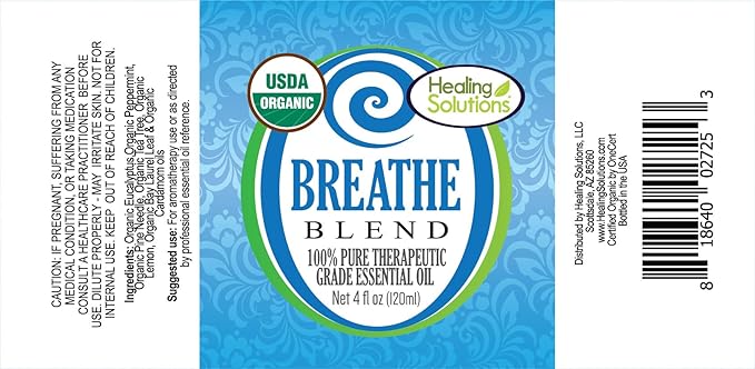 Healing Solutions Breathe Essential Oil Blend - 4 oz (120 ml) Organic, Pure, Undiluted - Breathe Easy Oil for Humidifier, Diffuser, Aromatherapy