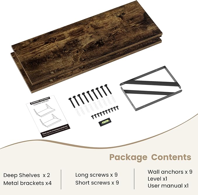 Dreamland Deep Floating Shelves for Wall, Brown Wood Wall Mounted Shelves, Large Floating Shelf 12 * 36 inch Set of 2 for Bookshelf Living Room Bedroom Home Office Bathroom