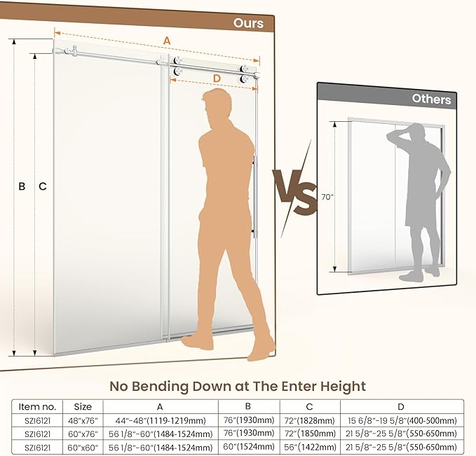Bathbliss Glass Shower Door 56"-60" Wx60 H,Frameless Sliding Glass Door with 5/16"(8mm) Tempered Glass Shower with Brushed Nickel Finish