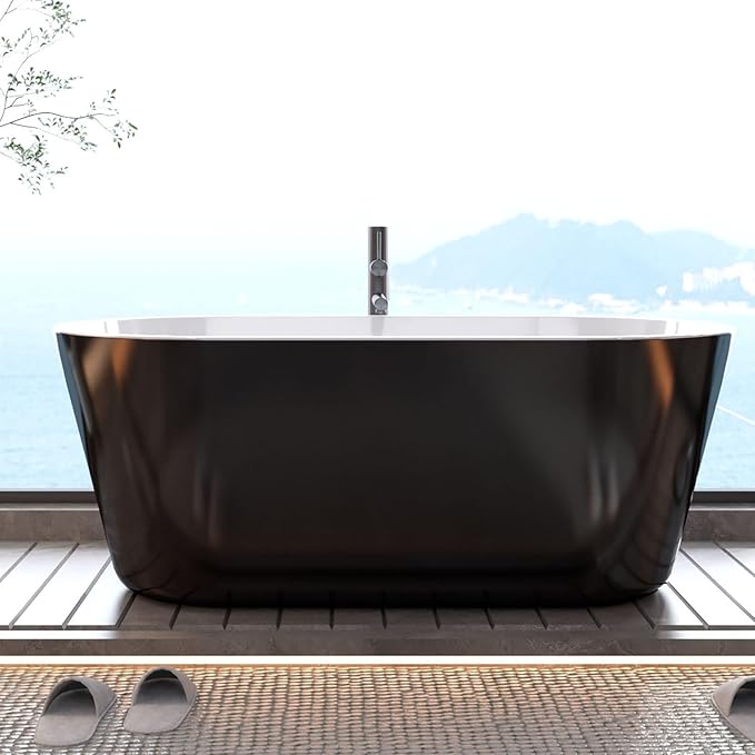 67 in Acrylic Freestanding Bathtub, Contemporary Stand Alone Tub,Black Soaking Tub, Oval Bathtub with Chrome Overflow and Drain, CUPC Certified