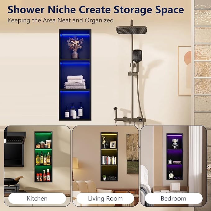 12" X 36" RGB LED Shower Niche No Tile Needed, 304 Stainless Steel Shower Niche Insert Tile Ready, Recessed Wall Shelf for Bathroom Storage Organizer with Remote Control, Matte Black