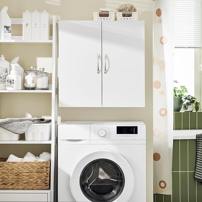 SoBuy Wall Cabinet Laundry Room Kitchen, Wall Mounted Storage Cabinet, Medicine Cabinet with Shelf, Bathroom Garage or Hallway, White, BZR200-W