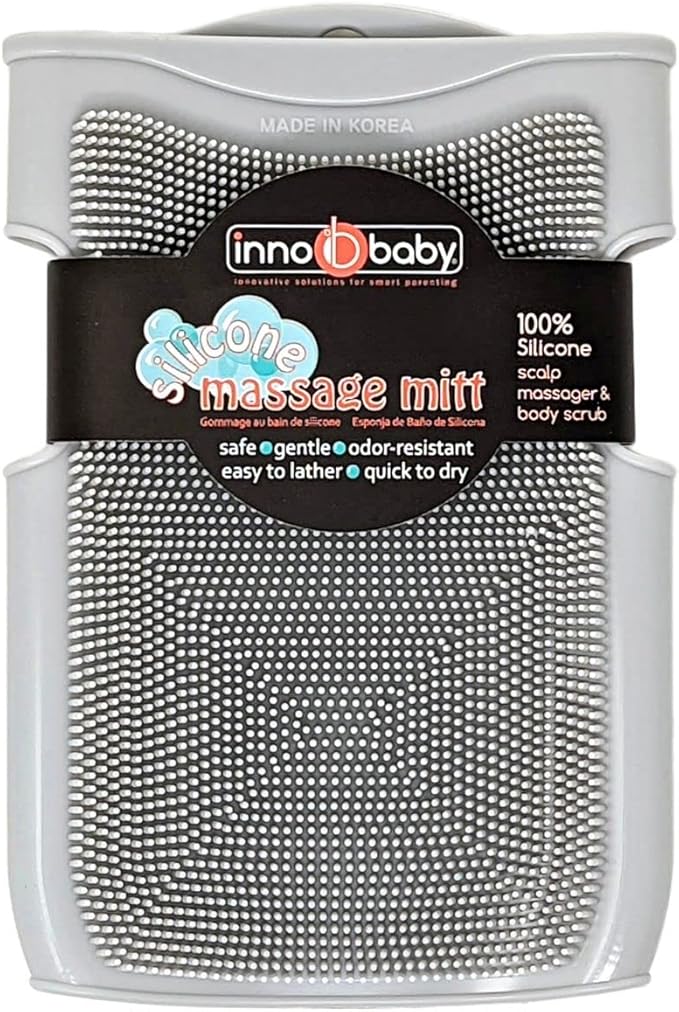 Innobaby Double Sided Silicone Massage Mitt Bath Scrubber Shower Brush & Scalp Massager/Gray