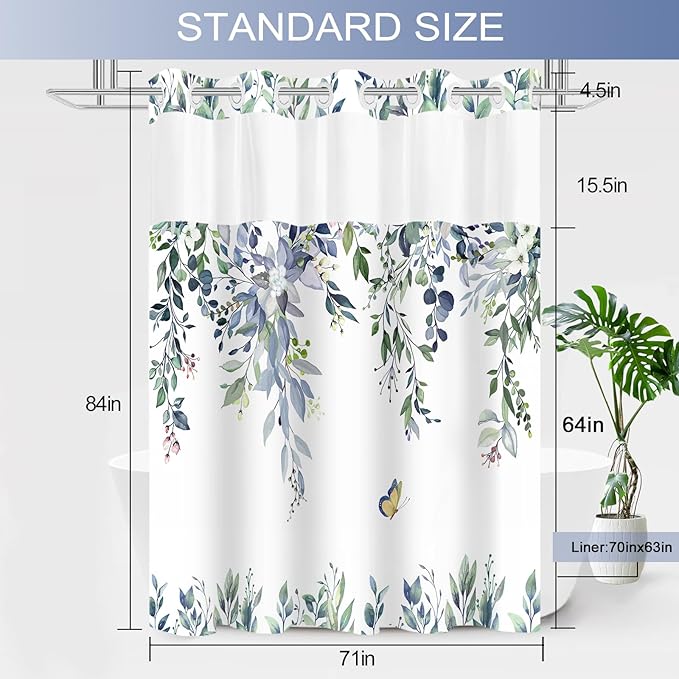 No Hook Shower Curtain and Liner Set, Green Eucalyptus Floral Shower Curtains for Bathroom, Bath Curtain Sets with Snap in Liner, Waterproof with See Through Top Window, 71x84 Inches