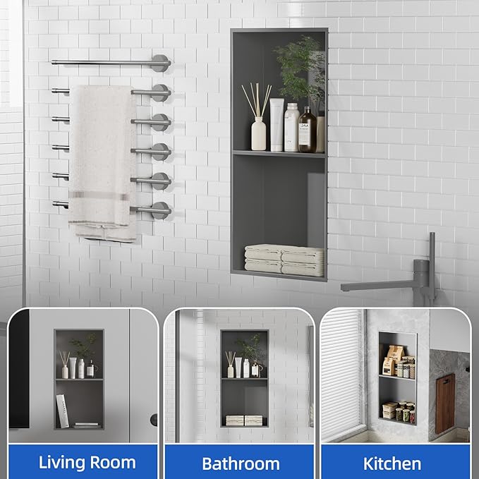 Bathbliss Shower Niche, No‑Tile Recessed Wall Niche, 11.18"x22.3" SUS304 Stainless Steel Double Shelf, Leak‑Proof Waterproof for Bathroom Storage, Grey Shower Niche