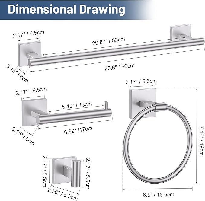 TURS Brushed Nickel 5-Pieces Bathroom Hardware Set SUS304 Stainless Steel Towel Bar Set Wall Mounted 23.6 Inch Towel Racks for Bathroom Squared