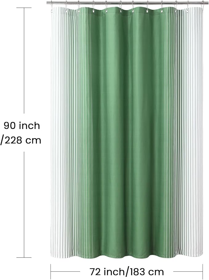 90 Inch Green Shower Curtain, Extra Long Sage Green and White Gradient Vertical Stripe Waterproof Polyester Shower Curtains for Bathroom, 72x90 Inches