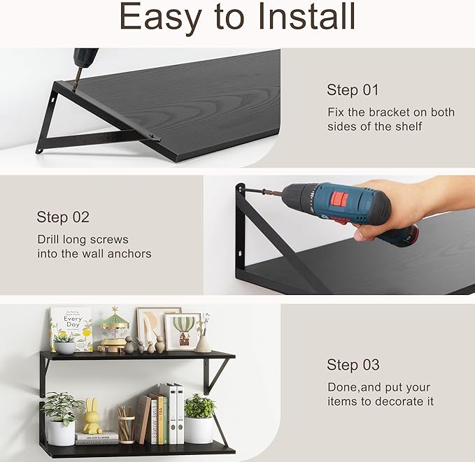 Deep Black Floating Shelves for Wall, 24"W x 10"D Wall Shelves Set of 2, 10 Inch Deep Floating Shelf with Brackets, Wide Display & Storage Shelves for Books, Living Room, Kitchen, Bathroom