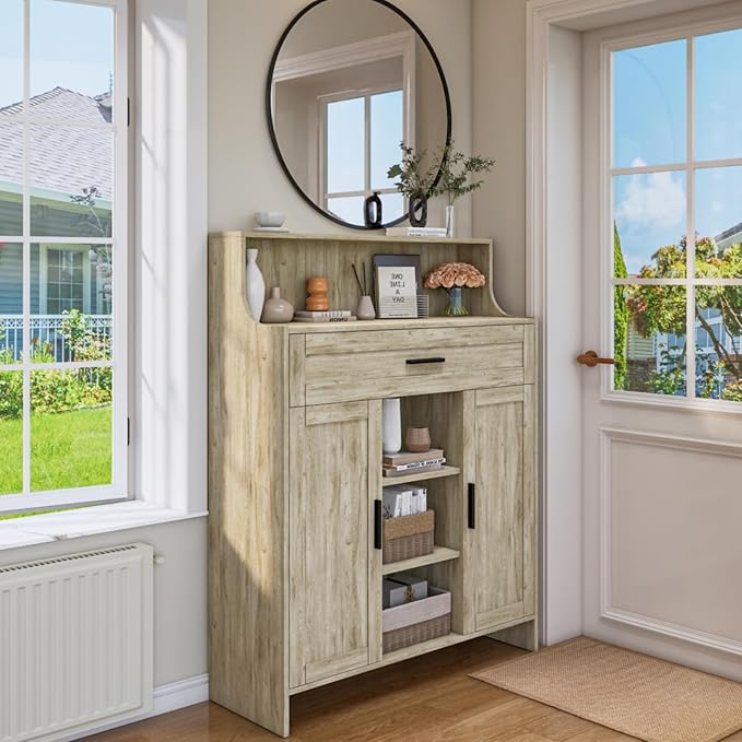 Storage Cabinet with Doors and Drawers, Kitchen Storage Cabinet with 1 Large Drawer,2 Doors,and 2 Adjustable Shelves,for Bathroom/Kitchen/Living Room/Entrance Hall (Grey)