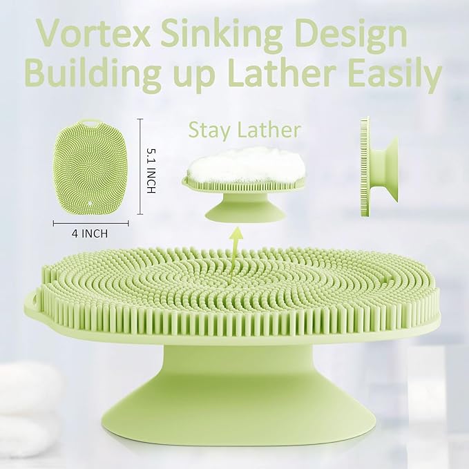 Soft Silicone Body Scrubber, Gentle Like a Hand Exfoliating Your Skin and Build Up Lather Easily, Back Large Suction Cup Easy to Store, Long-Lasting & Deep Clean (Green