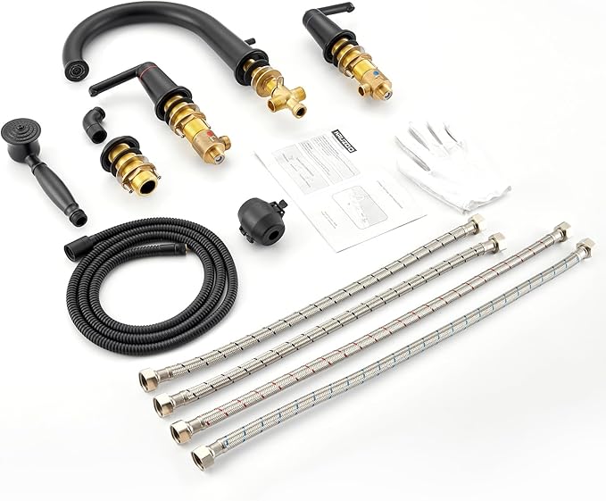 Roman Tub Faucet Set with Hand Shower, KRUZOO Bathtub Faucet Set Trim Kit with Rough-in Valve, Deck Mount Widespread 4 Hole Brass Tub Filler, KZ-9608BK, Matte Black
