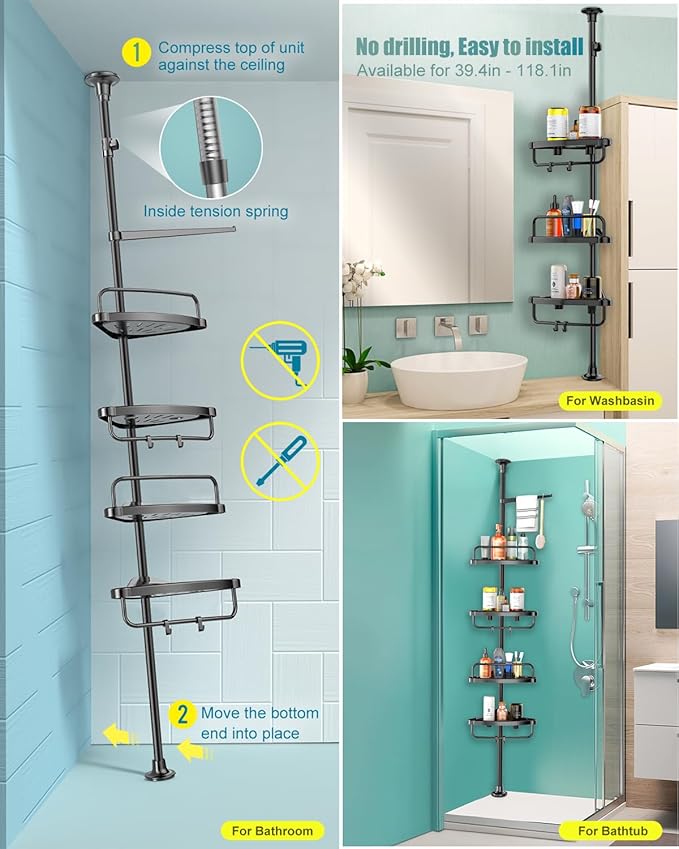 4 Layer Corner Shower Caddy, Stainless Steel Constant Tension Pole Shower Organizer, Adjustable Corner Shower Shelf, Rustproof 3.3 to 9.8 ft