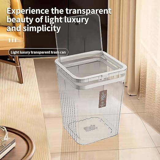 Bathroom Trach Can with Lid, 2.6 Gallon Grabage Can,Plastic Transparens Waste Basket with Press Top Lid,Clear Trach Bin for Home,Living Room,Bedroom,Office,Gray