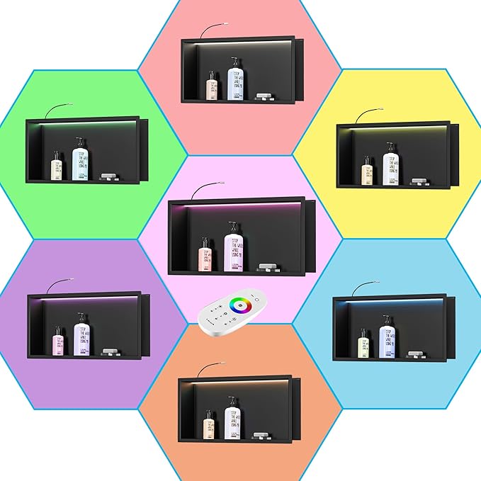 RGB LED Light Shower Niche, Matte Black 30X12 in Stainless Steel Wall Niche with Remote Control, Waterproof No Tile Needed Wall Niche for Bathroom Storage Built-in Installation
