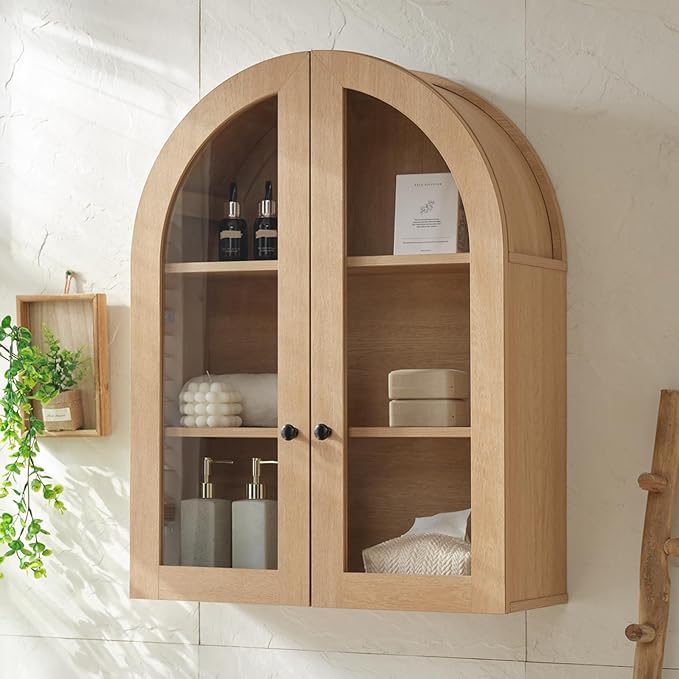 Bathroom Arched Wall Cabinet, 23.5'' Wide Medicine Cabinet, Bathroom Cabinet Wall Mount W/ Glass Doors & Adjustable Shelves, Over The Toilet Storage Cabinet for Laundry Room, Bedroom,Kitchen,Natural
