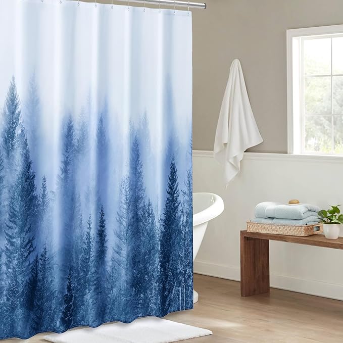 ORTIGIA 84 Inch Extra Wide Blue Misty Forest Shower Curtain for Bathroom, Nature Woodland Shower Curtain Set with Hooks, Decorative Pine Tree Fog Magic Bath Curtain, Waterproof Fabric, 84x72